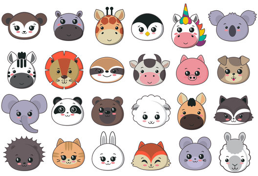 Vector collection of cute animal faces, big icon set for baby design