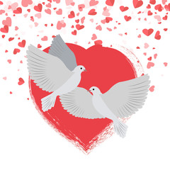 Doves in love pigeons birds hearts Saint Valentines day vector. Celebration of holiday in february, white birdies symbols of hope and purity flying