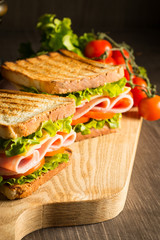 Close-up of two sandwiches with bacon, salami, prosciutto and fresh vegetables on rustic wooden cutting board. Club sandwich concept.