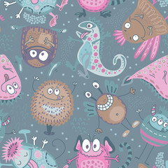 Colorful vector seamless pattern with funny monsters