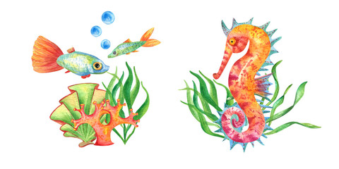 Two watercolor undersea composition in retro style. Underwater kit with fishes, seahorse, seaweed and coral in green, gold, blue, red, purple and living coral colors 