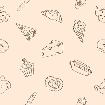 Seamless pattern, food theme. Vector background illustration. Meal and drinks kit / set. Texture with baking, drinks, pastry, desserts, sweets