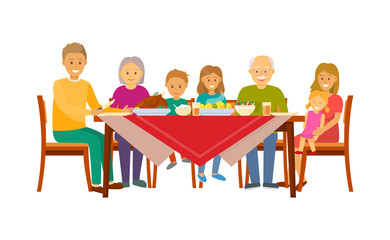 Christmas dinner of big family sitting by table vector. People celebrating new years eve, eating food. Grandmother and grandfather with children together