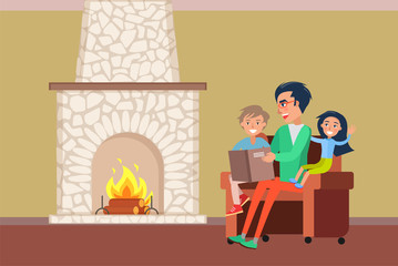 Father and children spending time by fireplace vector. Family evenings of people, daddy reading story to daughter and son sitting on armchair by warmth