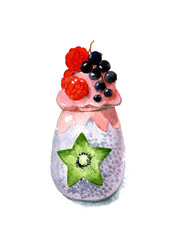 Chia pudding in a clear glass, decorated with raspberries and currants, with a star of kiwi. Watercolor illustration isolated on white background