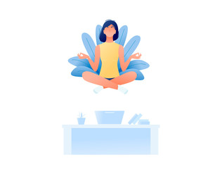 Young woman doing yoga and get calm in office and find new ideas for work. Finding solutions through meditation. Relax, meditation, good time management concept. Flat Vector illustration.