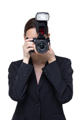 Asian Woman Photographer hold camera with external flash point to shoot subject, wear normal suit jacket. studio lighting white background isolated copy space, reporter journalist take photo celebrity