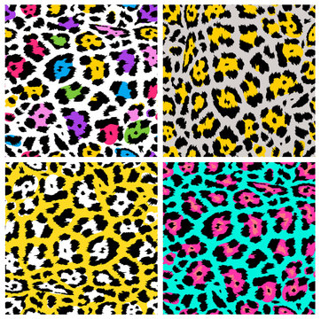 Leopard pattern seamless design. Set of funny drawing pattern. Lettering poster or t-shirt textile graphic design. Wallpaper, wrapping paper. Vector illustration. Isolated on white background.