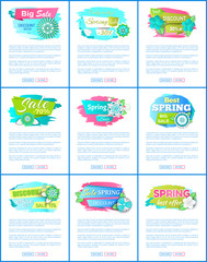 Spring best offer promo labels on web promo posters. Shop clearance price tags vector springtime discounts, sale from 15 to 70 percent off, final prices