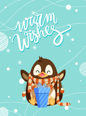 Warm wishes penguin in scarf and blue present gift box. Arctic bird in winter clothes with present box. Animal celebrating holiday greeting card with snowflakes