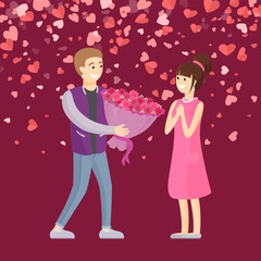 Man giving big bouquet of pink flowers to woman. Surprise for girlfriend, Valentine day, dating people. Card decorated by hearts, holiday greeting vector