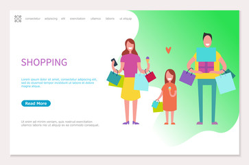 Shopping web page template, happy family mother, father and daughter with packages and gifts. Woman and girl with ice cream, dad and boxes from shop vector