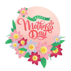 Vector Mother's day springtime greeting card, festive calligraphy lettering, spring red and pink blossom flowers frame