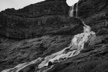 Black and white image of a waterfall shot with long exposure