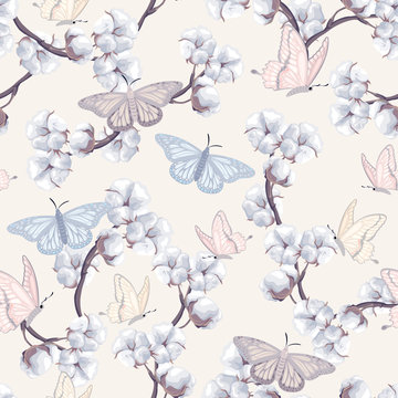 seamless pattern with butterflies and cotton flowers