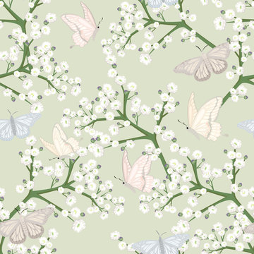 seamless pattern with butterflies and white flowers