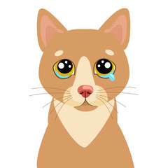 Sad Cat Vector Icon. Illustration Of Cute Sad Animal. Drear Crying Cat Vector. Crying Cat Emoji. When You Depressed. Flat Design Style.