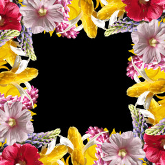 Beautiful floral background of lupine, mallow, sunflower and pahistahis