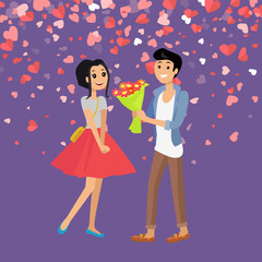 Couple in love on Valentines day holiday celebrating vector. Man and woman, male holding flowers in bundle, bouquet, pair happy to be together festive