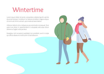 Wintertime cold season, couple walking on ice vector. People carrying handbags and sacks, wearing warming clothes. Winter seasonal frosty weather