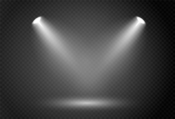 Spotlight effect for theater concert stage. Abstract glowing light of spotlight illuminated on transparent background.