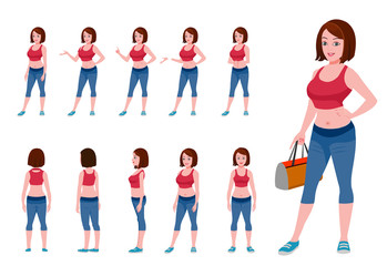 Obraz premium Gym girl character model sheet and turnaround