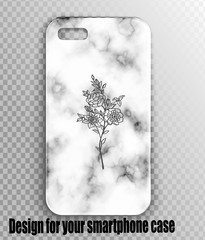 Stylish vector cover design for iPhone - marble texture and beautiful bouquet print. Minimalism style