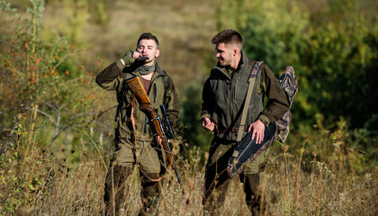 Hunting skills and weapon equipment. How turn hunting into hobby. Friendship of men hunters. Army...