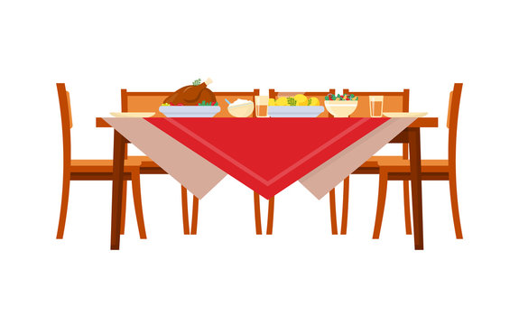 Dishes On Table With Chairs. Chicken And Potatoes, Salads And Drinks, Cutlery And Plates On Red Tablecloth. Served Holiday Dinner In Realistic Style Vector