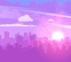 Fototapeta na wymiar Flat cityscape with purple sky, white clouds and sun. Modern city skyline flat panoramic vector background. Urban city tower skyline illustration.