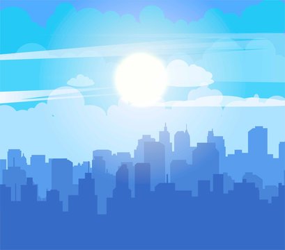 Flat cityscape with blue sky, white clouds and sun. Modern city skyline flat panoramic vector background. Urban city tower skyline illustration.