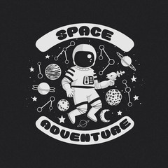 Space adventure vector illustration, poster, t-shurt design. Monochrome cartoon astronaut holding a blaster with constellations, planets and stars on a dark background.