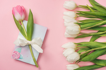 pink tulip, mothers day greeting card, and white tulips on pink background
