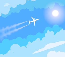 Fototapeta na wymiar Vector flying plane in the sunny blue sky.