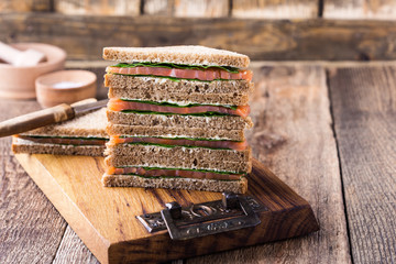 Healthy vegetarian sandwiches with smoked salmon and greens