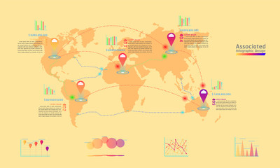 associated company factory world map mark point infographic design with summary graph chart data egg tone vector illustration eps10