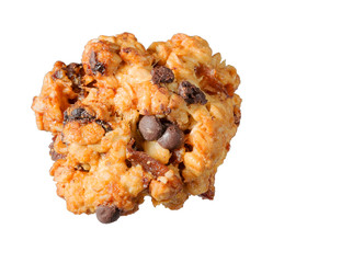 Homemade cookies made from oats, flour and eggs with chocolate, dried apricots, prunes, raisins and olive oil, on a white background, one.