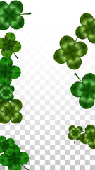 Vector Clover Leaf  Isolated on Transparent Background with Space for Text. St. Patrick's Day Illustration. Ireland's Lucky Shamrock Poster. Invintation for Concert in Pub. Top View. Success Symbols.