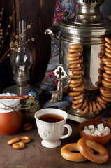 Russian Tea Party including black tea from samovar, lump sugar, bagels sushki and baranki