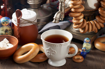 Russian Tea Party including black tea from samovar, lump sugar, bagels sushki and baranki