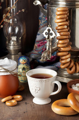 Russian Tea Party including black tea from samovar, lump sugar, bagels sushki and baranki