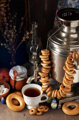 Russian Tea Party including black tea from samovar, lump sugar, bagels sushki and baranki