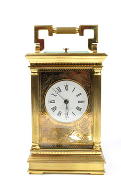 Vintage Antique Gold Carriage Clock On White Background