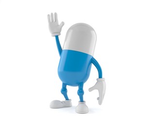 Pill character with hand up
