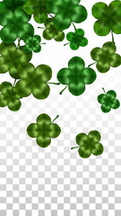 Vector Clover Leaf  Isolated on Transparent Background with Space for Text. St. Patrick's Day Illustration. Ireland's Lucky Shamrock Poster. Invintation for Concert in Pub. Top View. Success Symbols.