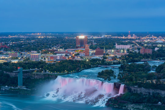 Night Aerial view of light up of the beautiful Niagara Falls © Kit Leong