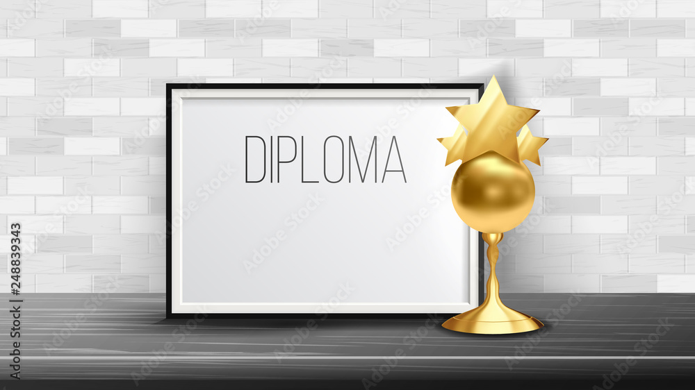 Sticker Certificate Diploma With Golden Cup Vector. Modern Gift. Elegant Document. A4 Frame. Stand. 3D Realistic Illustration