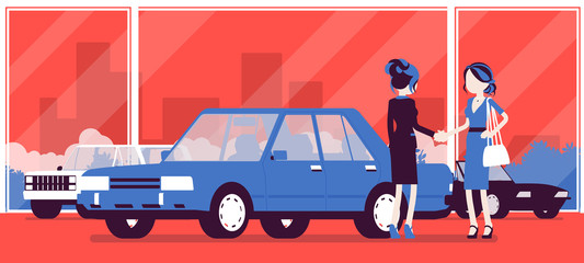 Female car dealership sells a new vehicle to woman. Woman buying auto in automobile shop, making agreement with agency manager, officially agree to a deal. Vector illustration, faceless characters