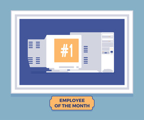 Computer employee of the month winner. Gadget the best worker, achieving excellence in reward program for hard and productive work, photo of leader on wall. Vector illustration