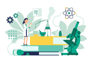 Female scientist working with flasks. Woman in white coat, scientific investigator doing research in physical, natural sciences. Education and science concept. Vector illustration, faceless characters